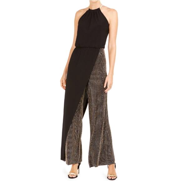 MSK Petite Gold Sequined Sleeveless Halter Wide Leg Jumpsuit 12P - Picture 1 of 7